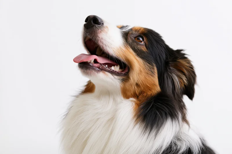 Australian shepherd dog looking upward with mouth open against white background