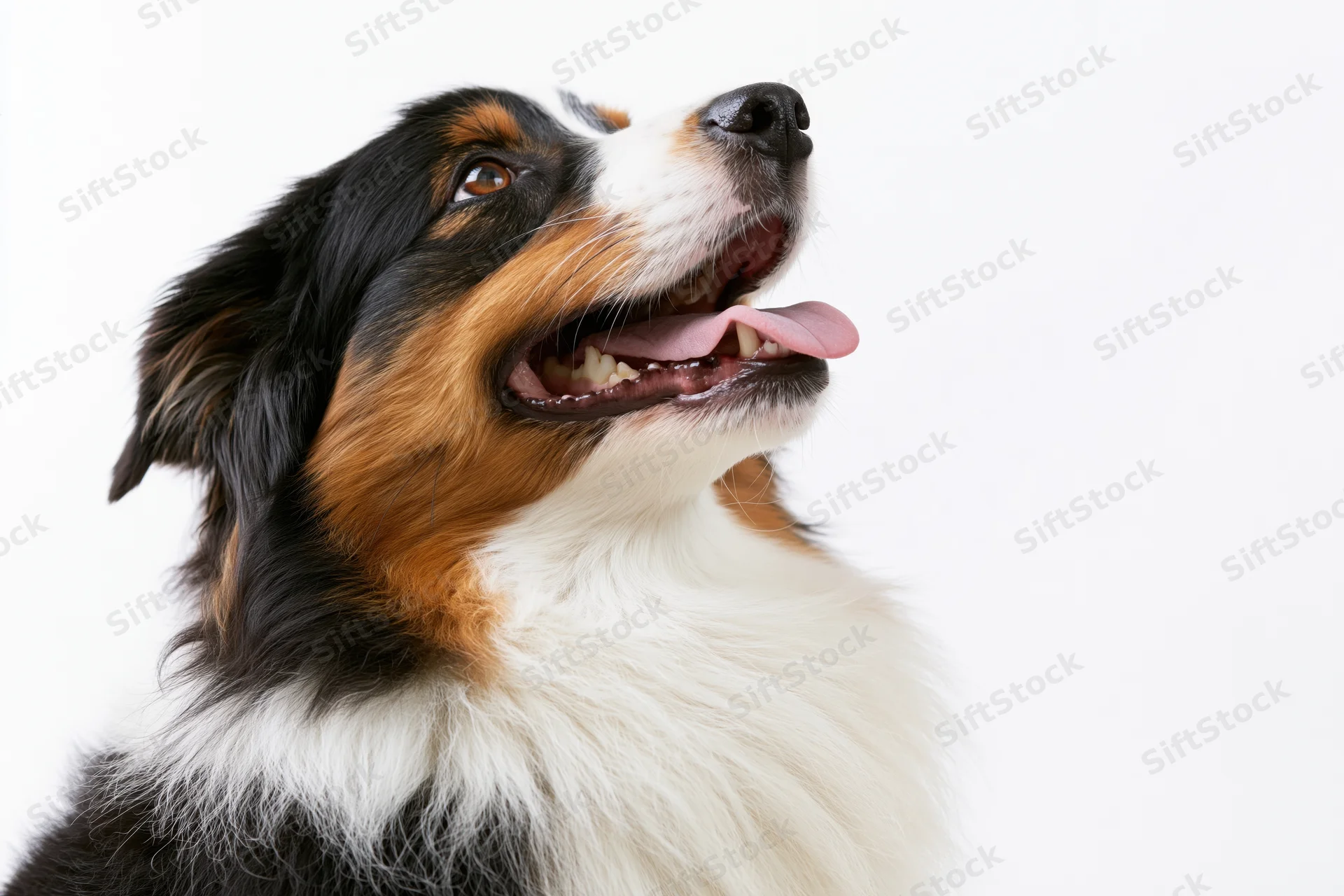 Australian shepherd dog looking upward with mouth open and tongue out against white background