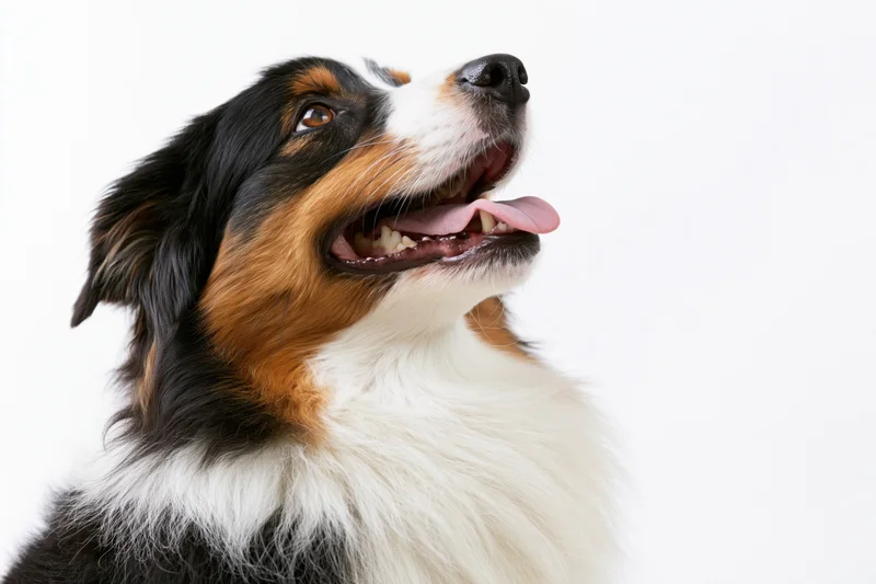 Australian shepherd dog looking upward with mouth open and tongue out against white background