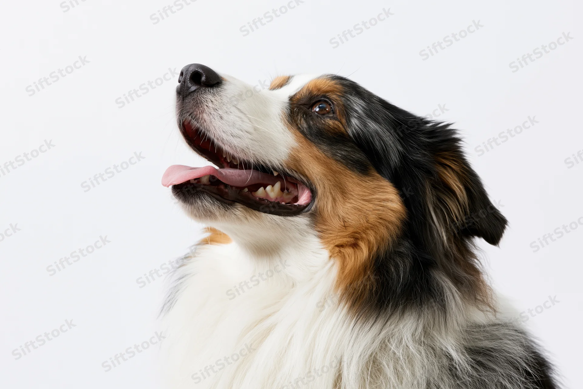 Australian shepherd dog looking upward with mouth open in studio portrait