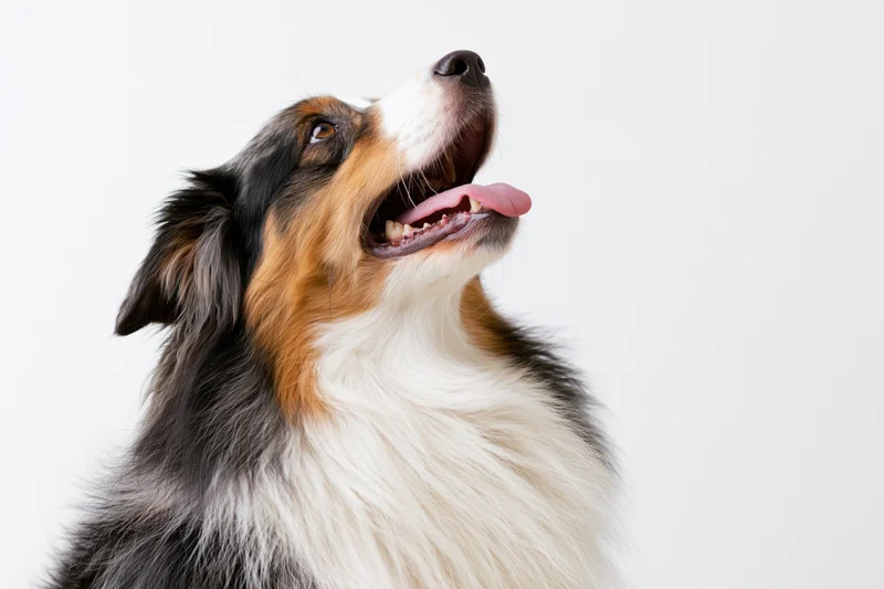 Australian shepherd dog looking upward with mouth open and tongue out in studio portrait