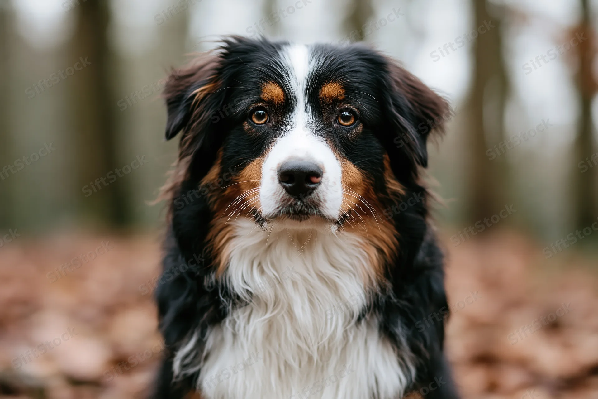 Australian shepherd dog looking directly at camera in forest with fallen leaves