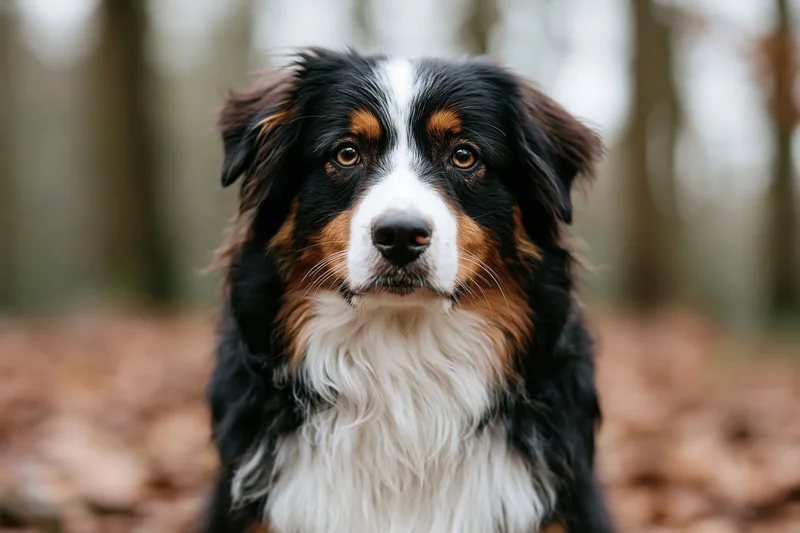Australian shepherd dog looking directly at camera in forest with fallen leaves