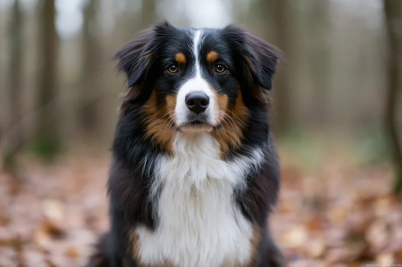 Australian shepherd dog sitting and looking directly at camera in forest with fallen leaves