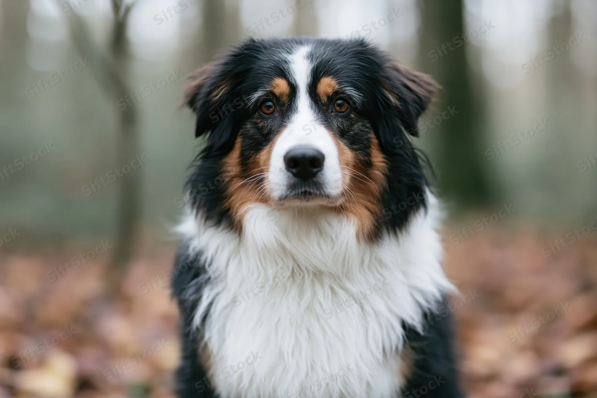 Australian shepherd dog sitting and looking directly at camera in a forest with autumn leaves on the ground