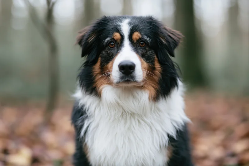 Australian shepherd dog sitting and looking directly at camera in a forest with autumn leaves on the ground