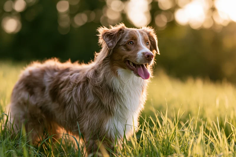 Australian shepherd dog standing alert in tall green meadow at golden hour