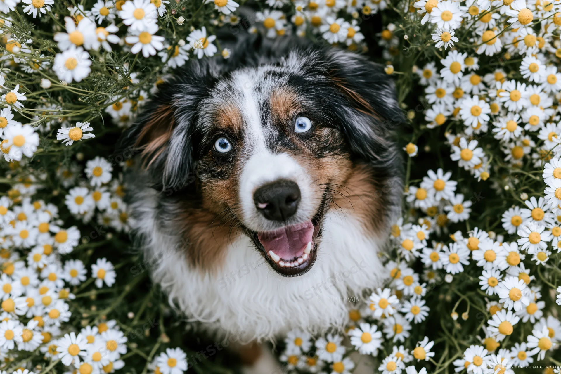 Australian shepherd dog with blue eyes smiling among white daisies in a garden