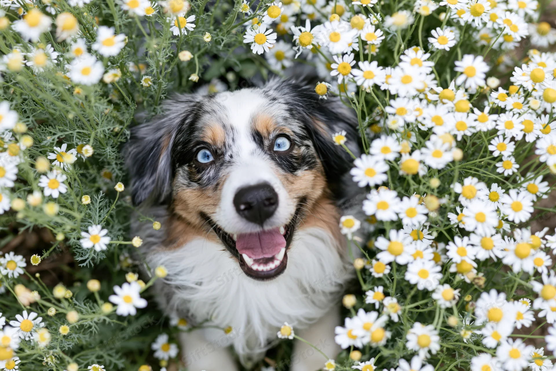 Australian shepherd dog with blue eyes smiling among white daisies in a garden