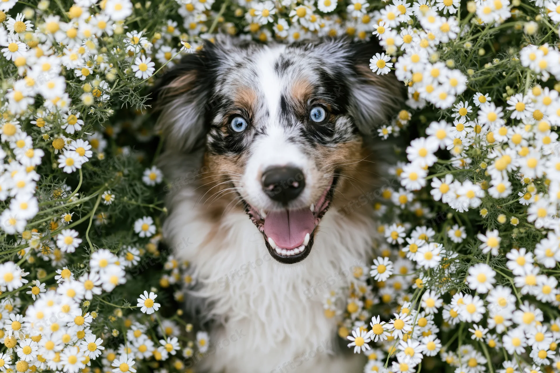 Australian shepherd with blue eyes smiling among white daisies in a garden