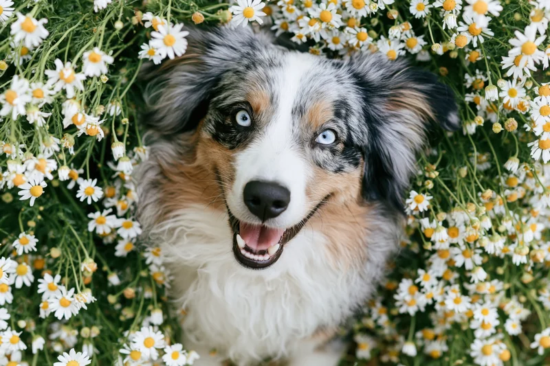 Australian shepherd with blue eyes smiling up from a bed of white daisies in a garden