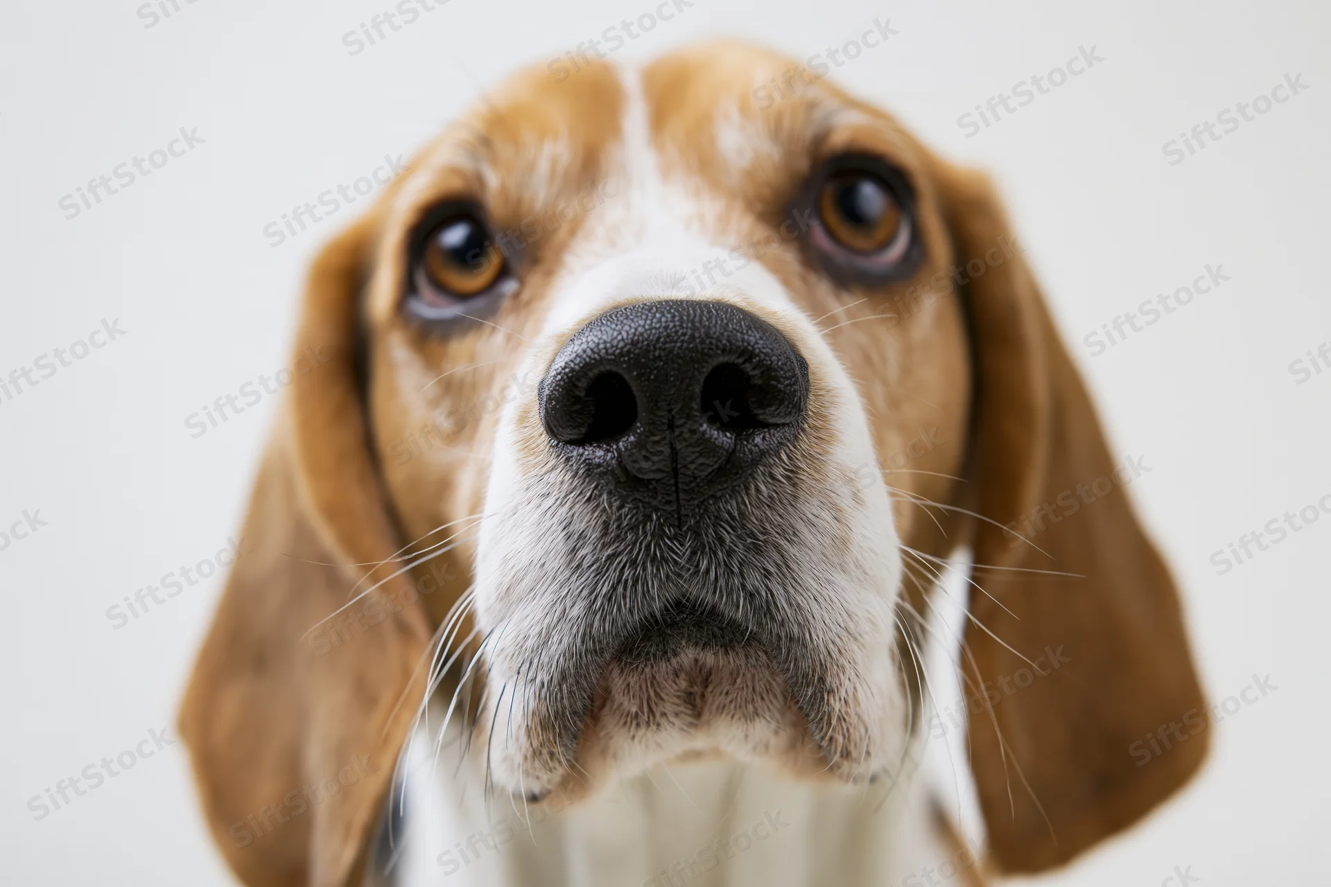 Close-up of a beagle dog looking upward with wide curious eyes against a white background