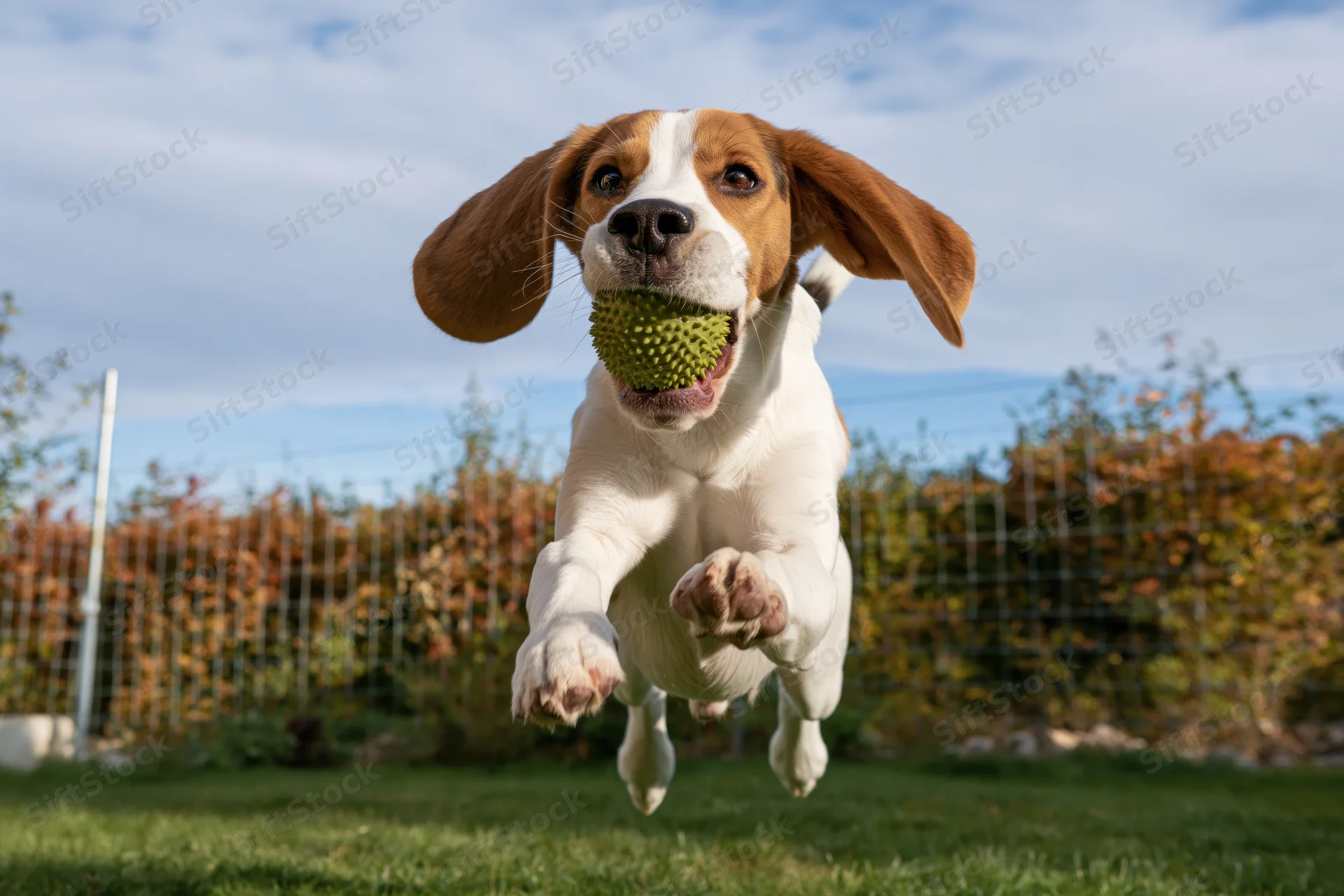 Beagle dog jumping midair with green spiky rubber ball in mouth over grassy yard