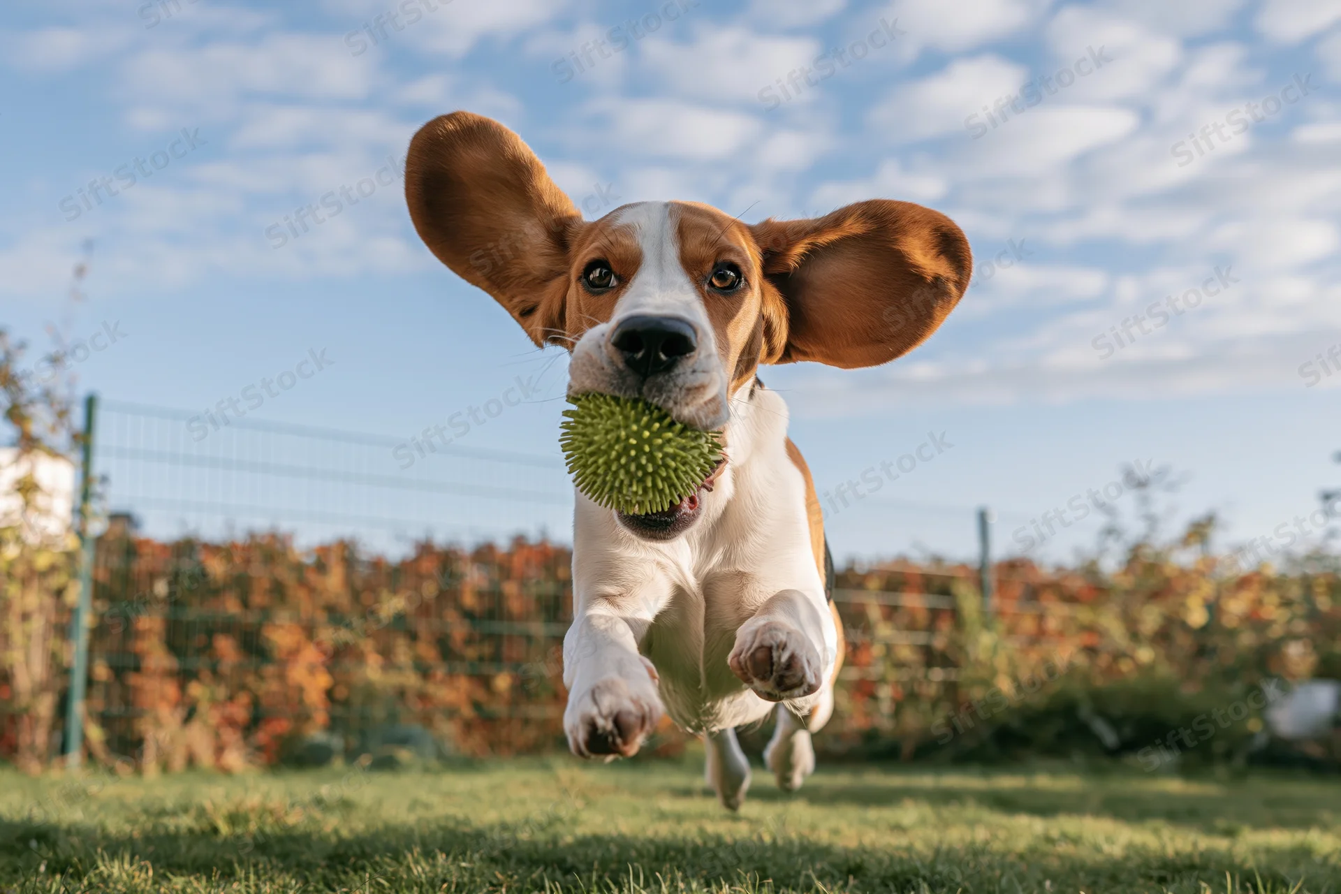 Beagle running with green spiky ball in its mouth across grassy yard