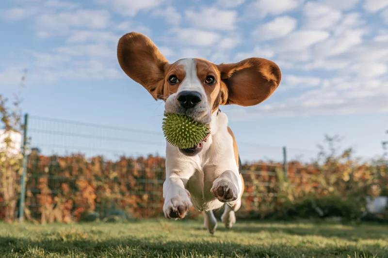 Beagle running with green spiky ball in its mouth across grassy yard