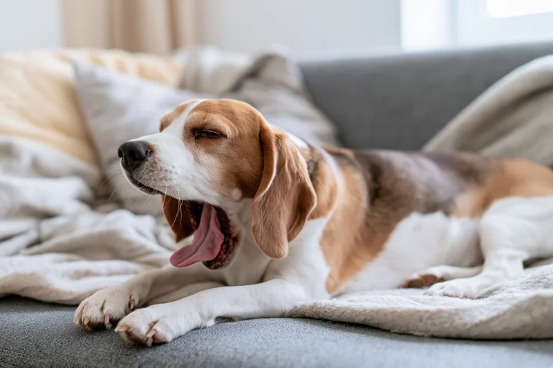 Beagle dog mid-yawn lying stretched out on a grey linen sofa