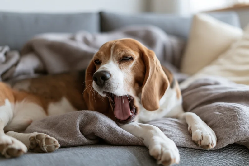 Beagle dog mid-yawn lying stretched out on a grey linen sofa