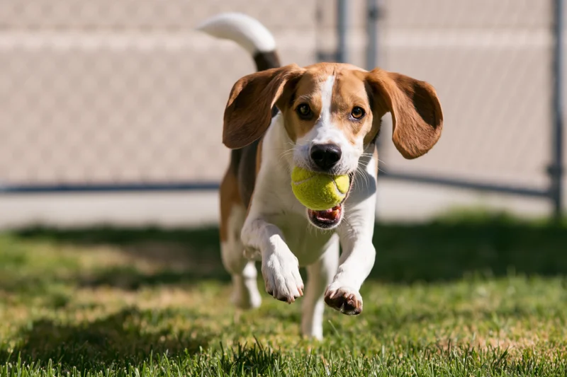 Beagle running full speed across a backyard lawn carrying a tennis ball in its mouth