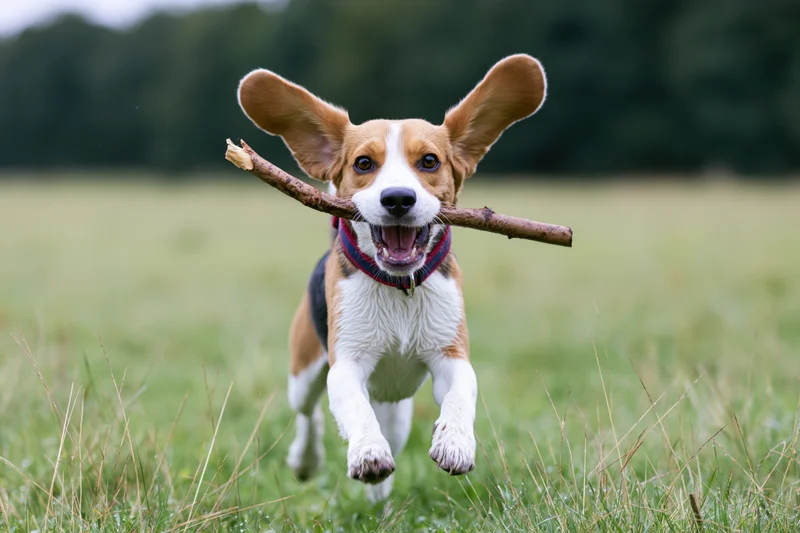 Beagle running full speed toward camera with stick in mouth across grassy field