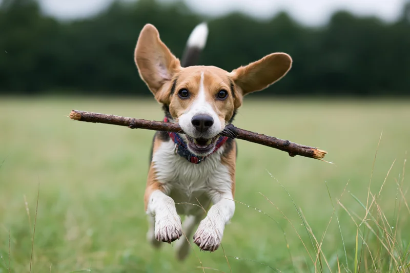 Beagle running full speed toward camera with stick in mouth across grassy field