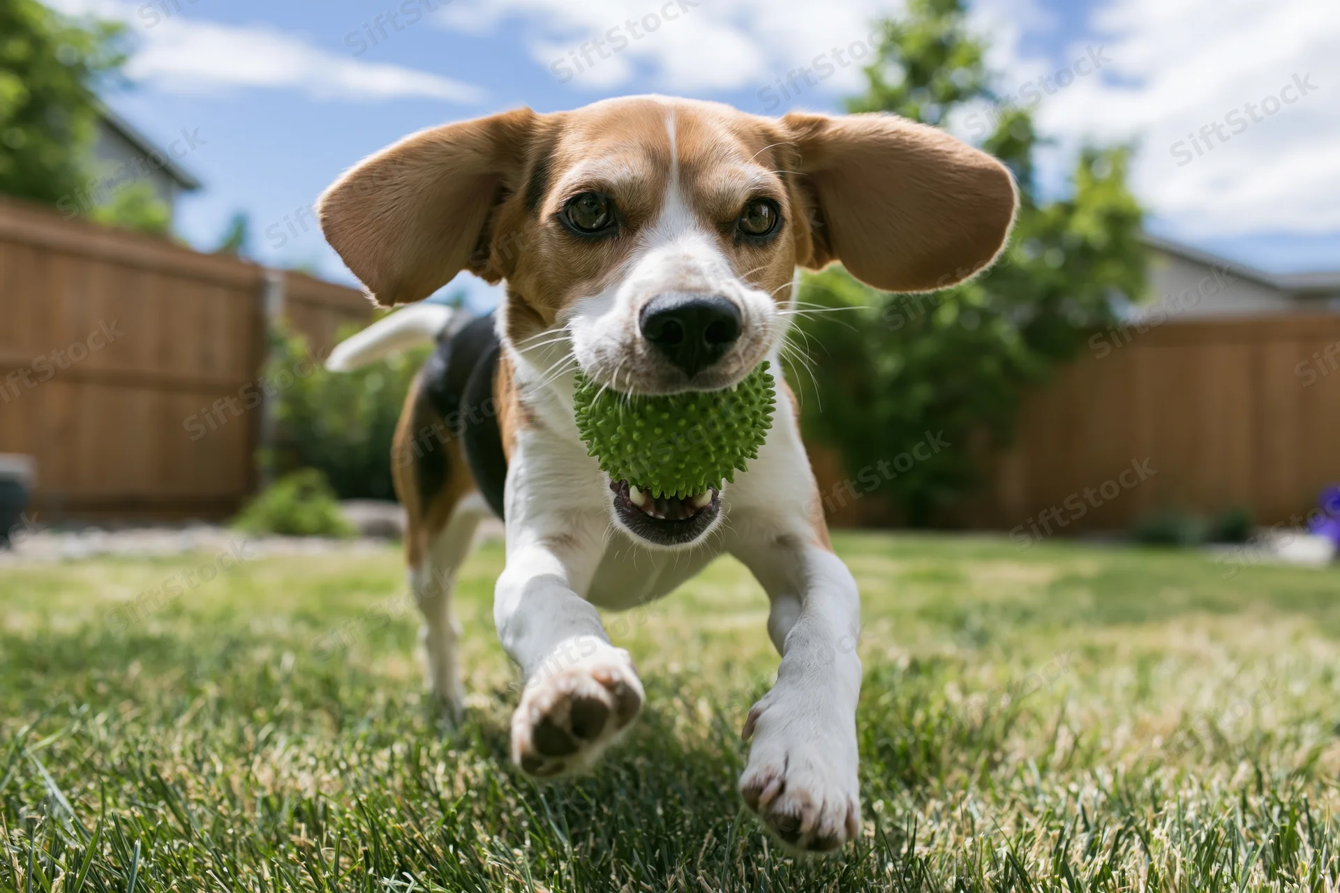 Beagle running toward camera with green spiky rubber ball in mouth on grassy yard