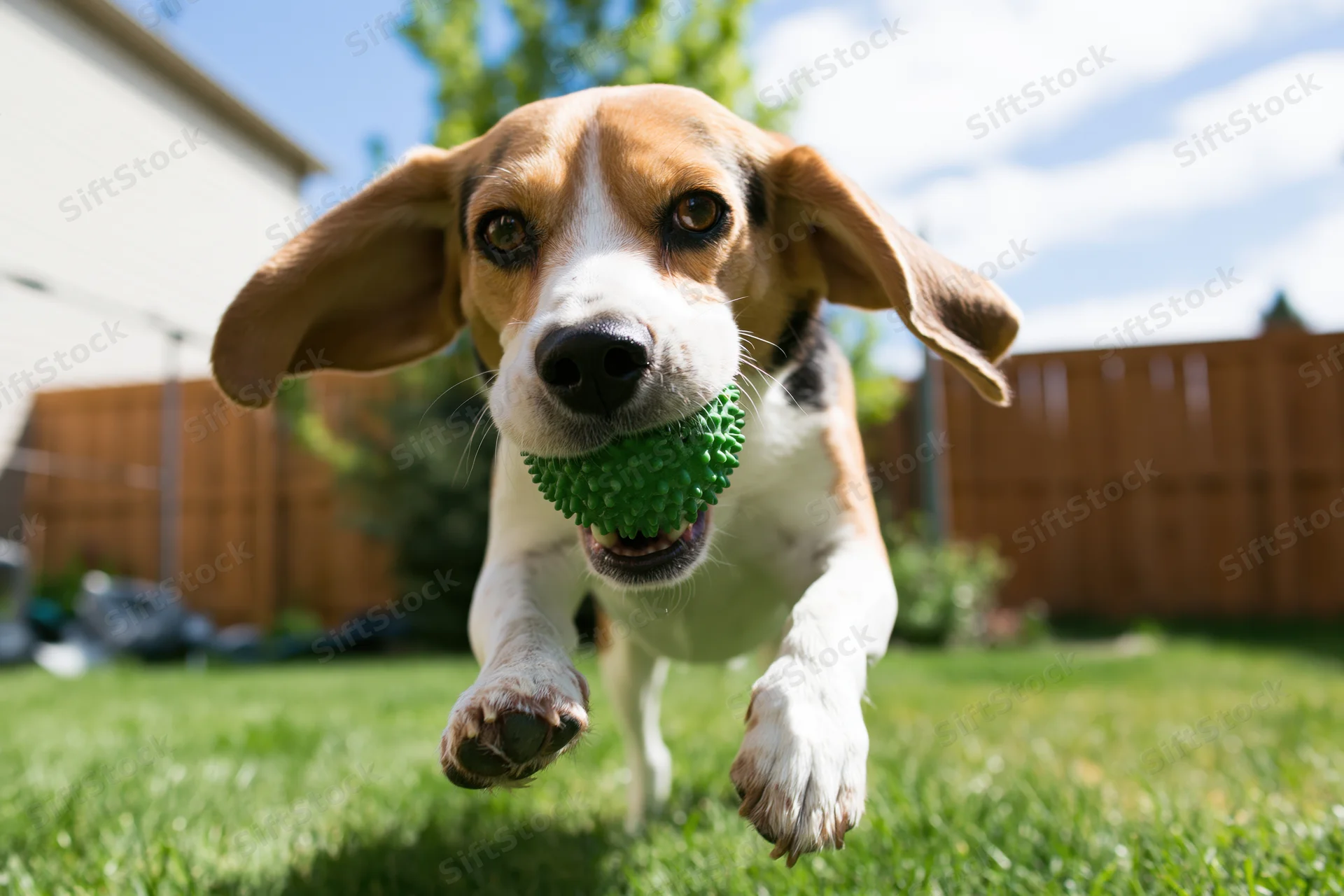 Beagle running toward camera with green spiky rubber ball in mouth on grassy yard