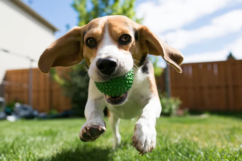 Beagle running toward camera with green spiky rubber ball in mouth on grassy yard