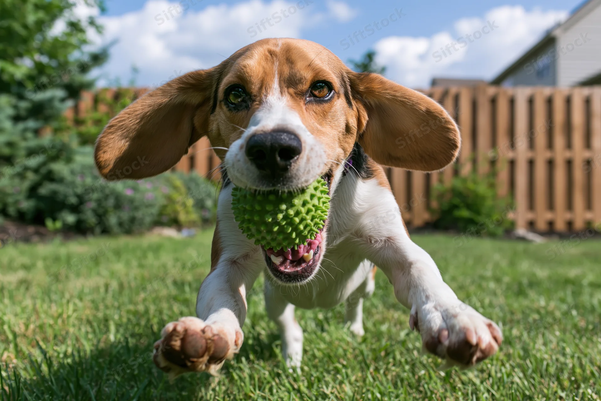 Beagle running toward camera with green spiky rubber ball in mouth on grassy yard
