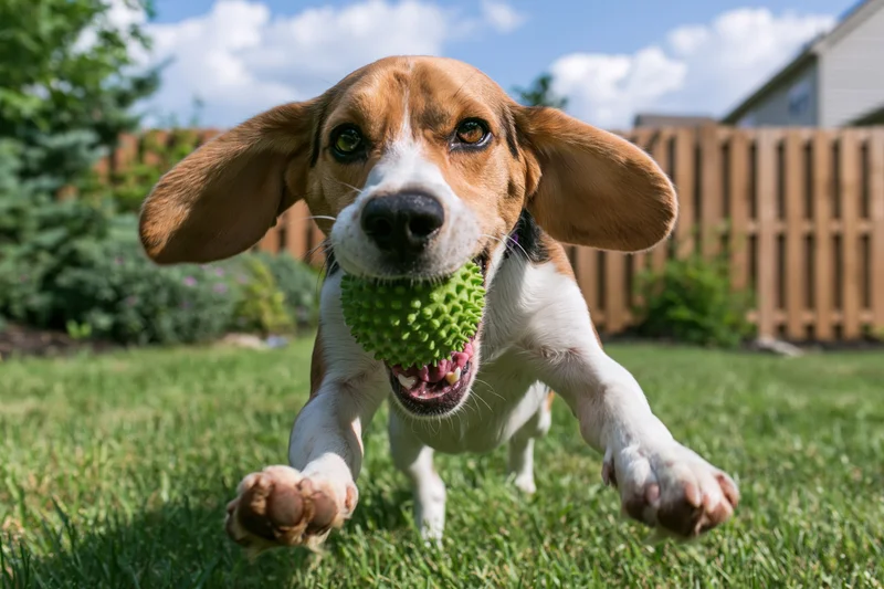 Beagle running toward camera with green spiky rubber ball in mouth on grassy yard