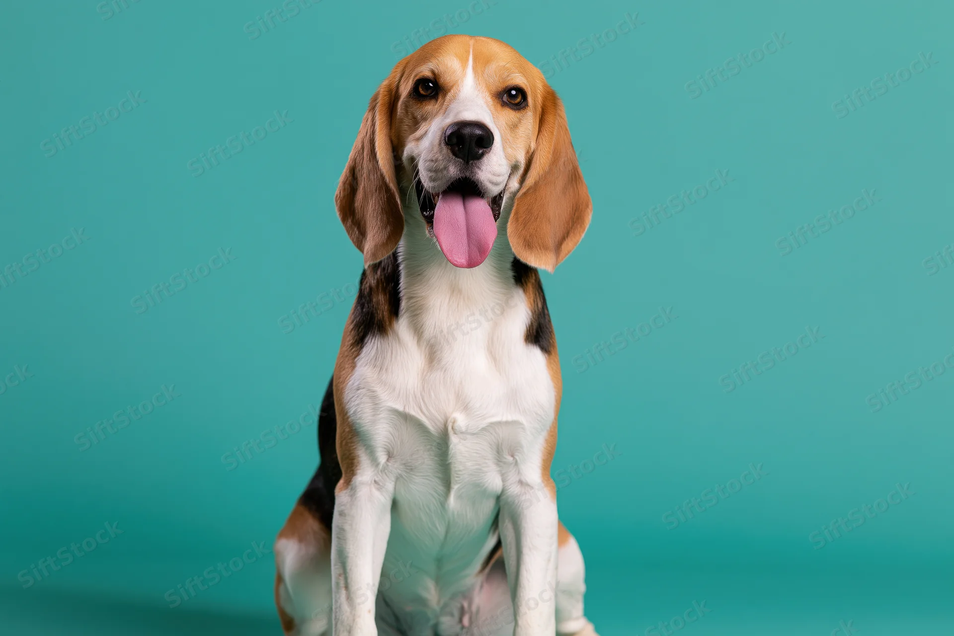 Beagle dog sitting upright facing camera with mouth open and tongue out against teal background