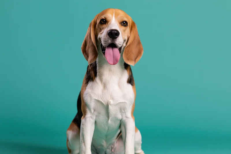 Beagle dog sitting upright facing camera with mouth open and tongue out against teal background