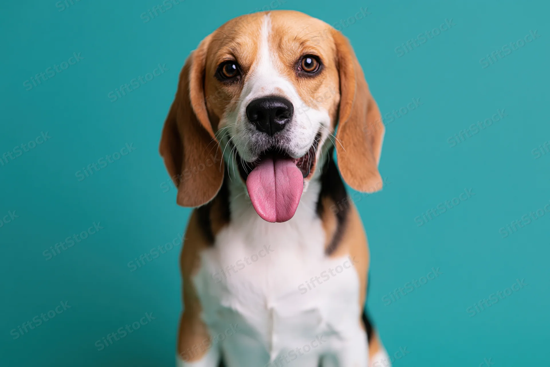 Beagle dog sitting upright facing camera with tongue out against teal background
