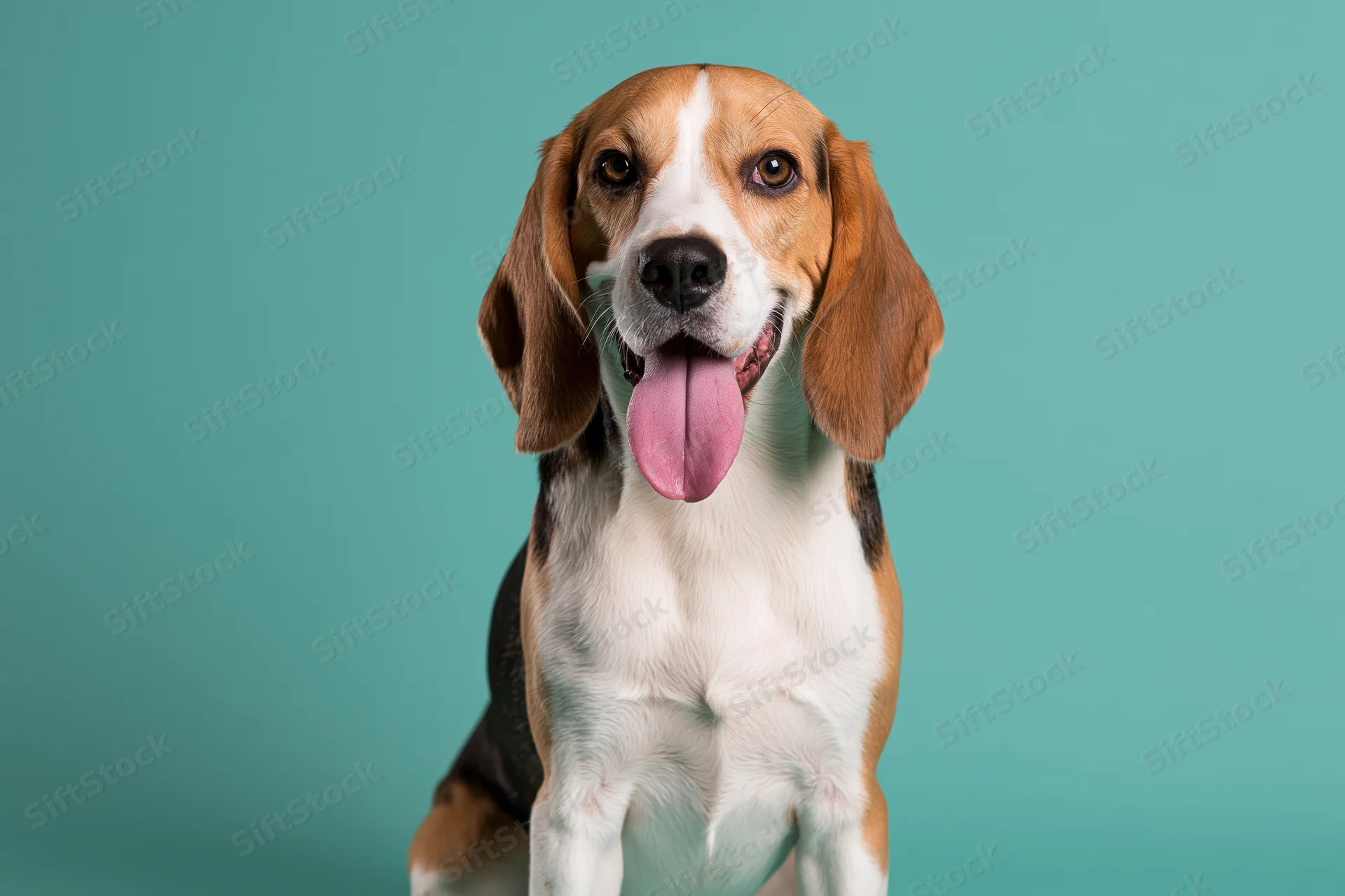 Beagle dog sitting upright facing camera with mouth open and tongue out against teal background