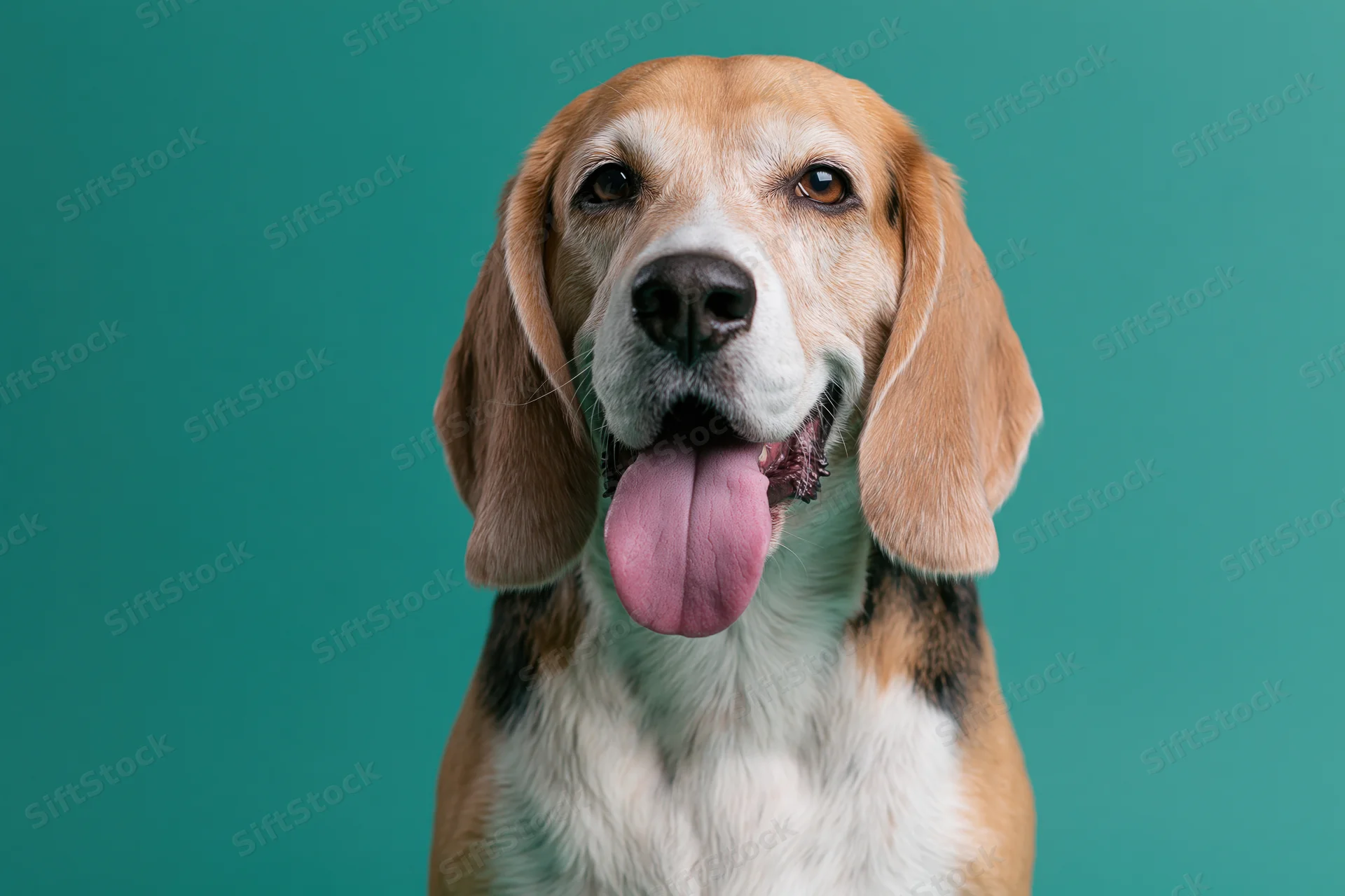 Beagle dog with tongue out facing camera in studio portrait