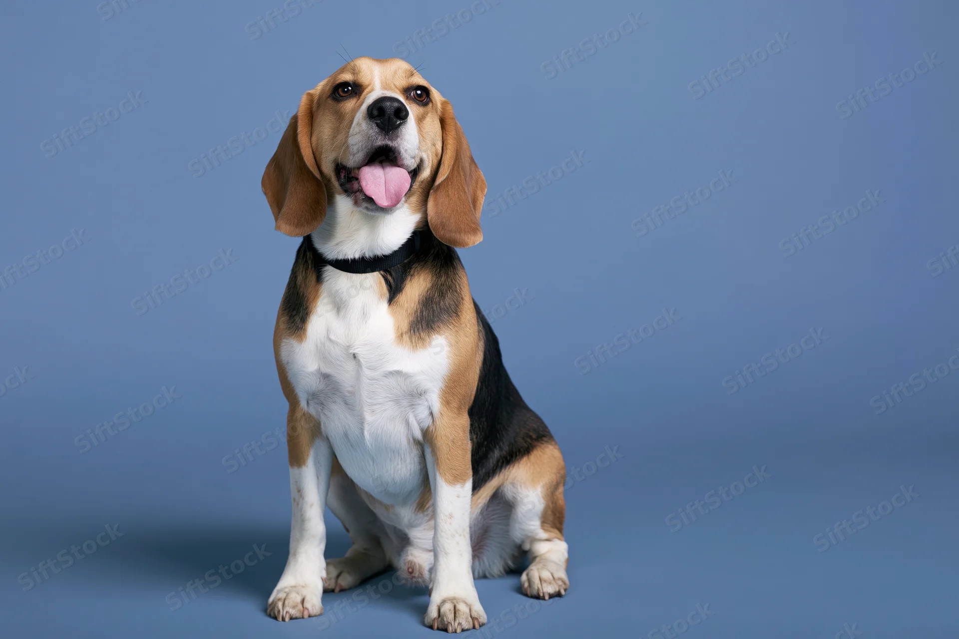 Beagle dog sitting upright with tongue out on blue seamless studio backdrop