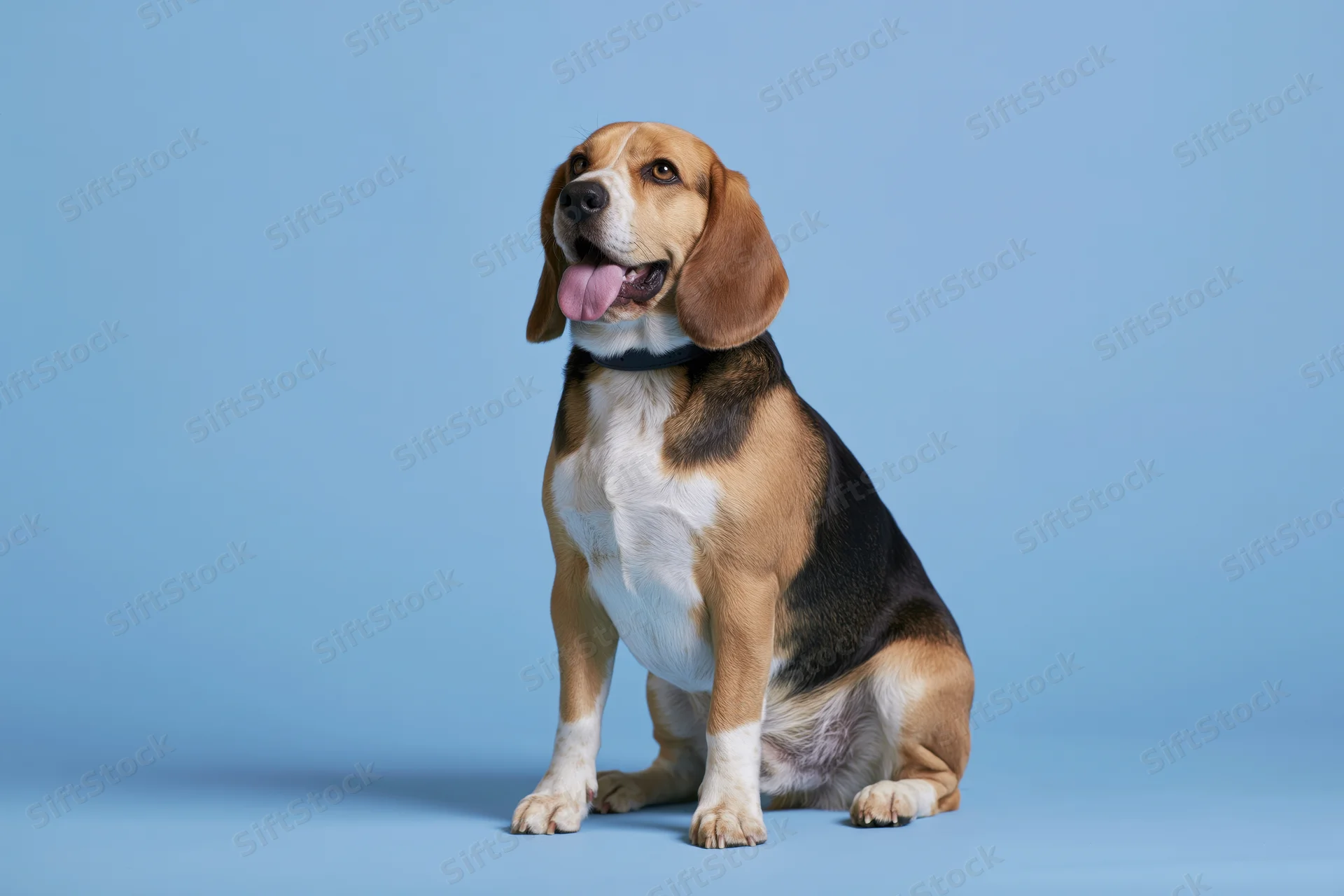 Beagle dog sitting upright with tongue out on seamless blue studio backdrop