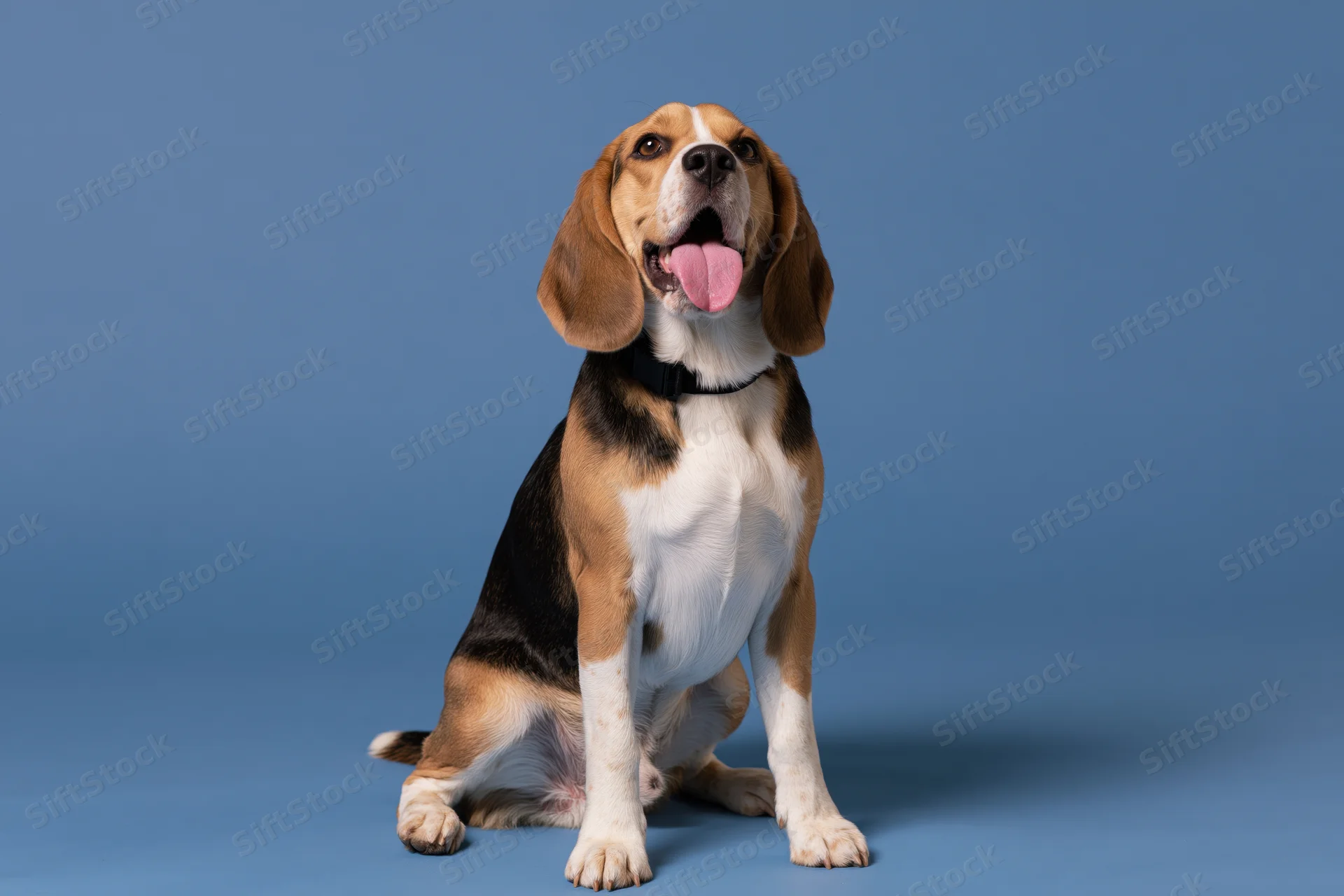 Beagle dog sitting upright with tongue out on seamless blue studio backdrop