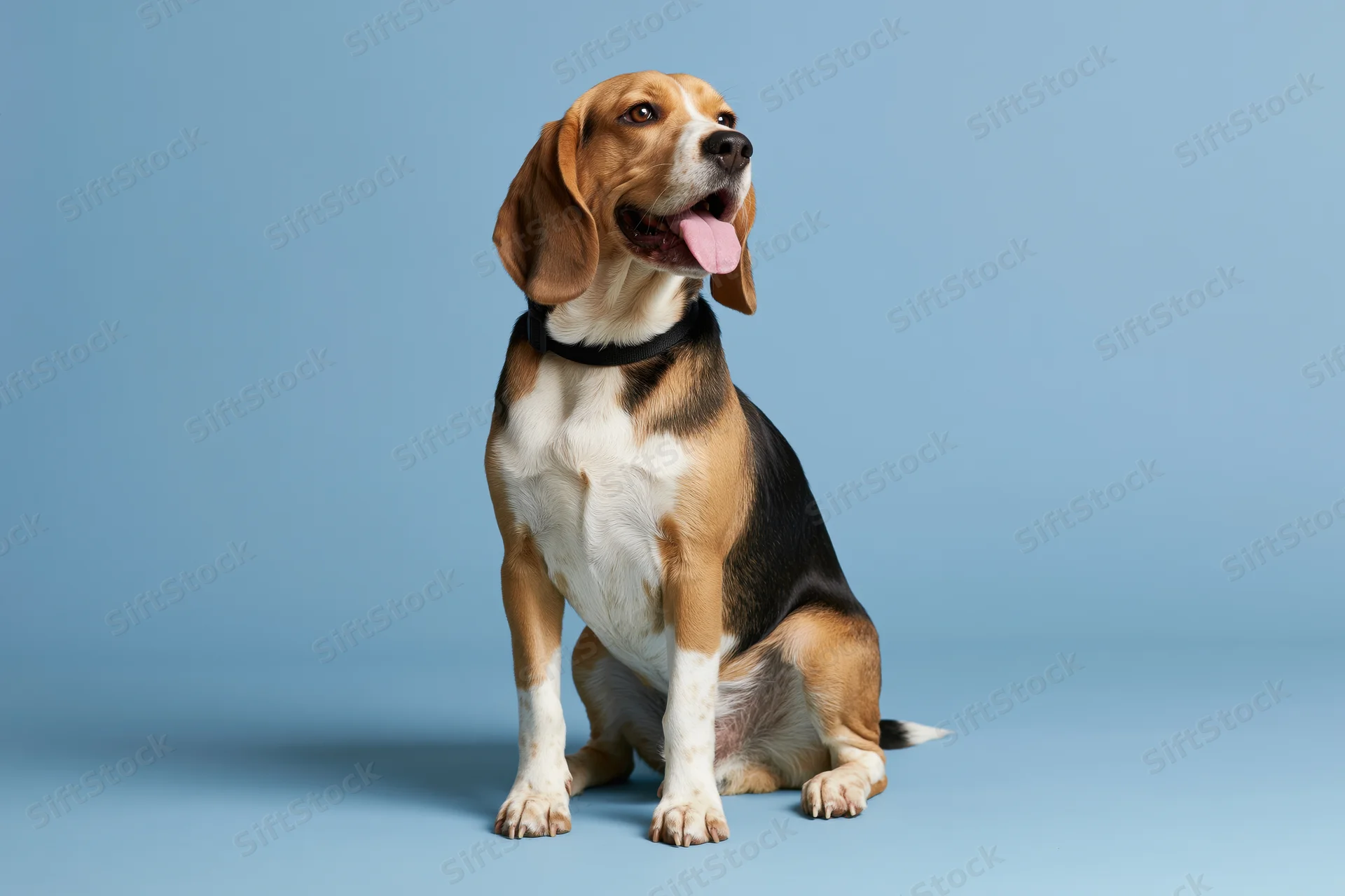 Beagle dog sitting upright with tongue out on seamless blue studio backdrop