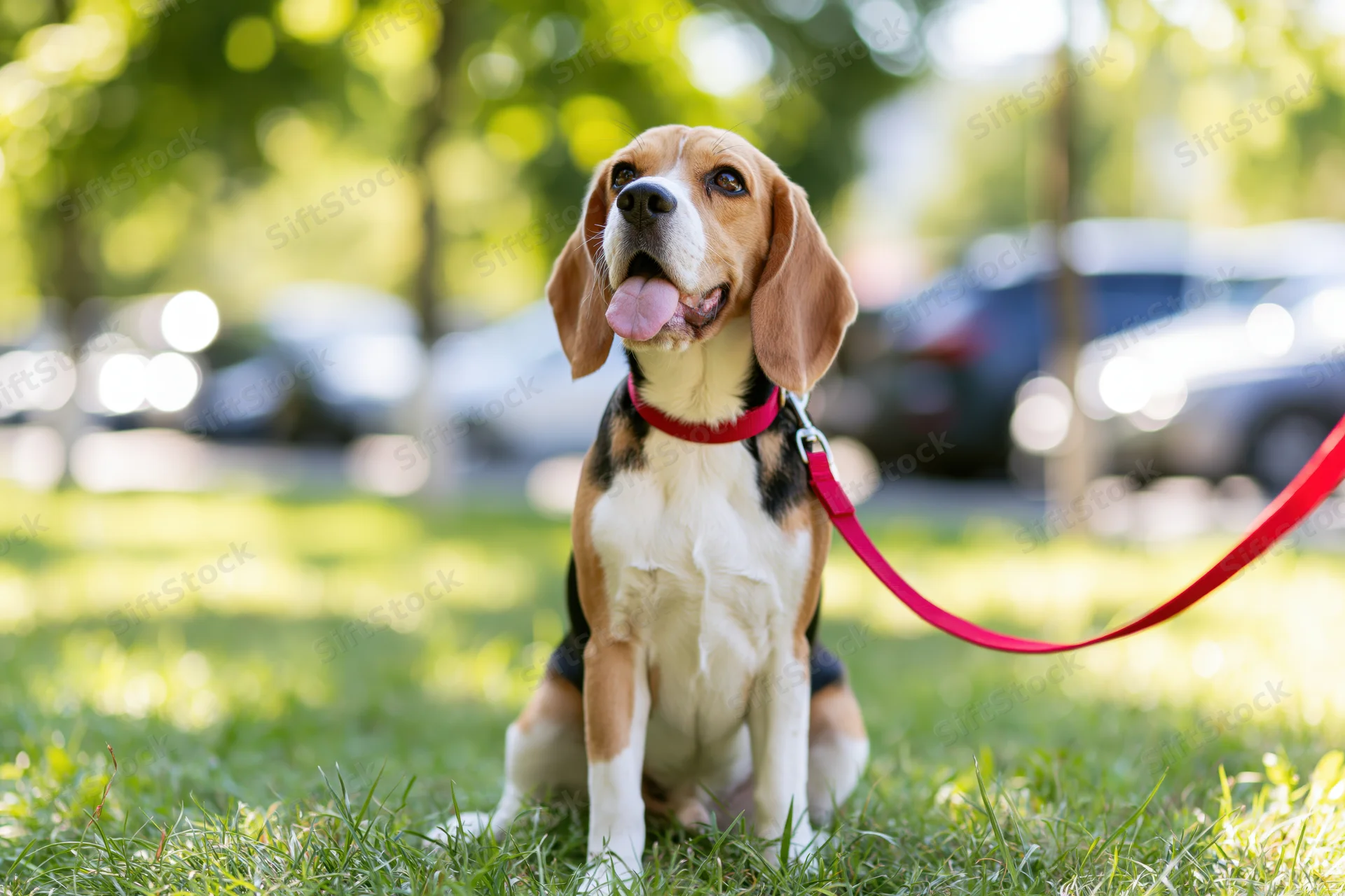 Beagle sitting on grass with tongue out and red leash in a sunny park