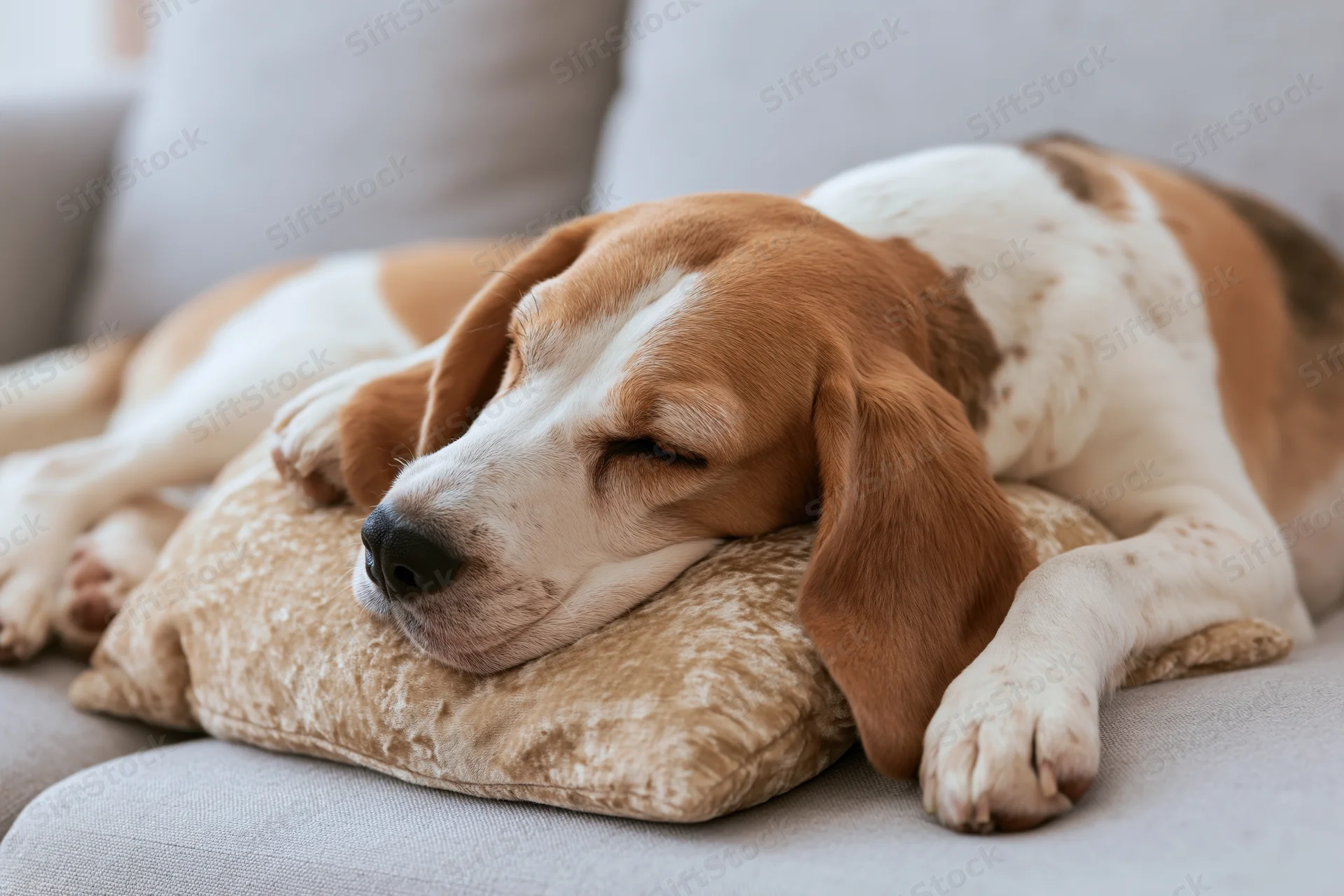 Beagle dog sleeping with head on a pillow on a light grey sofa