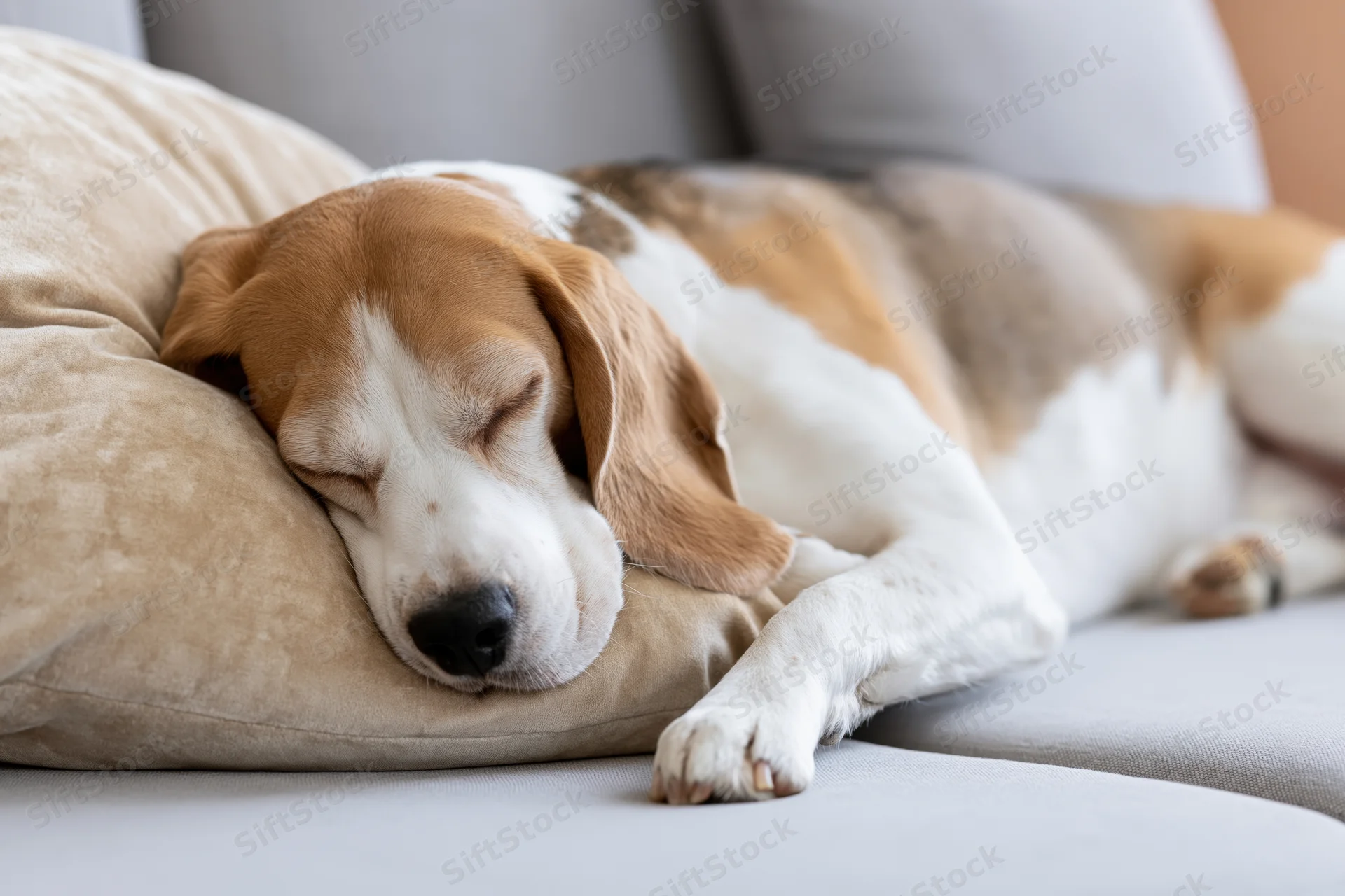 Beagle dog sleeping with head on a pillow on a light grey sofa