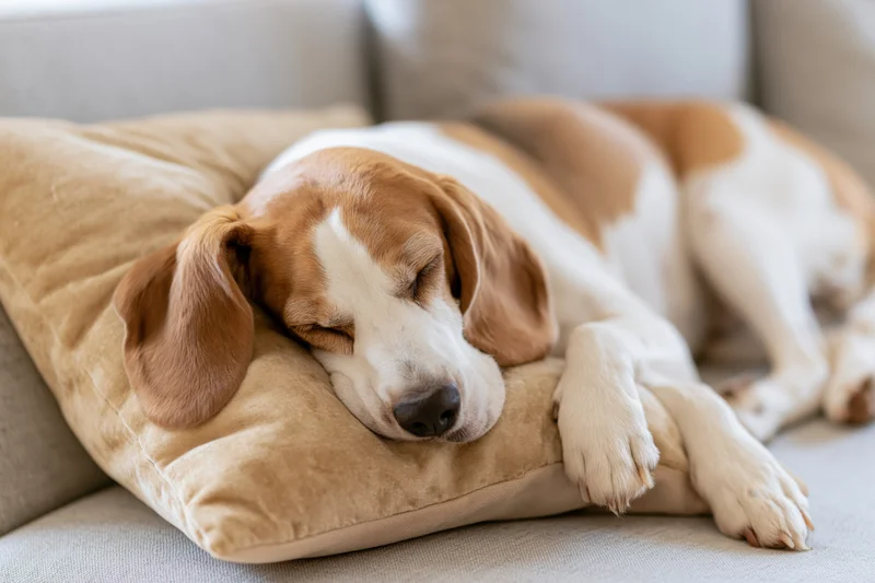 Beagle sleeping with head on a pillow on a grey sofa