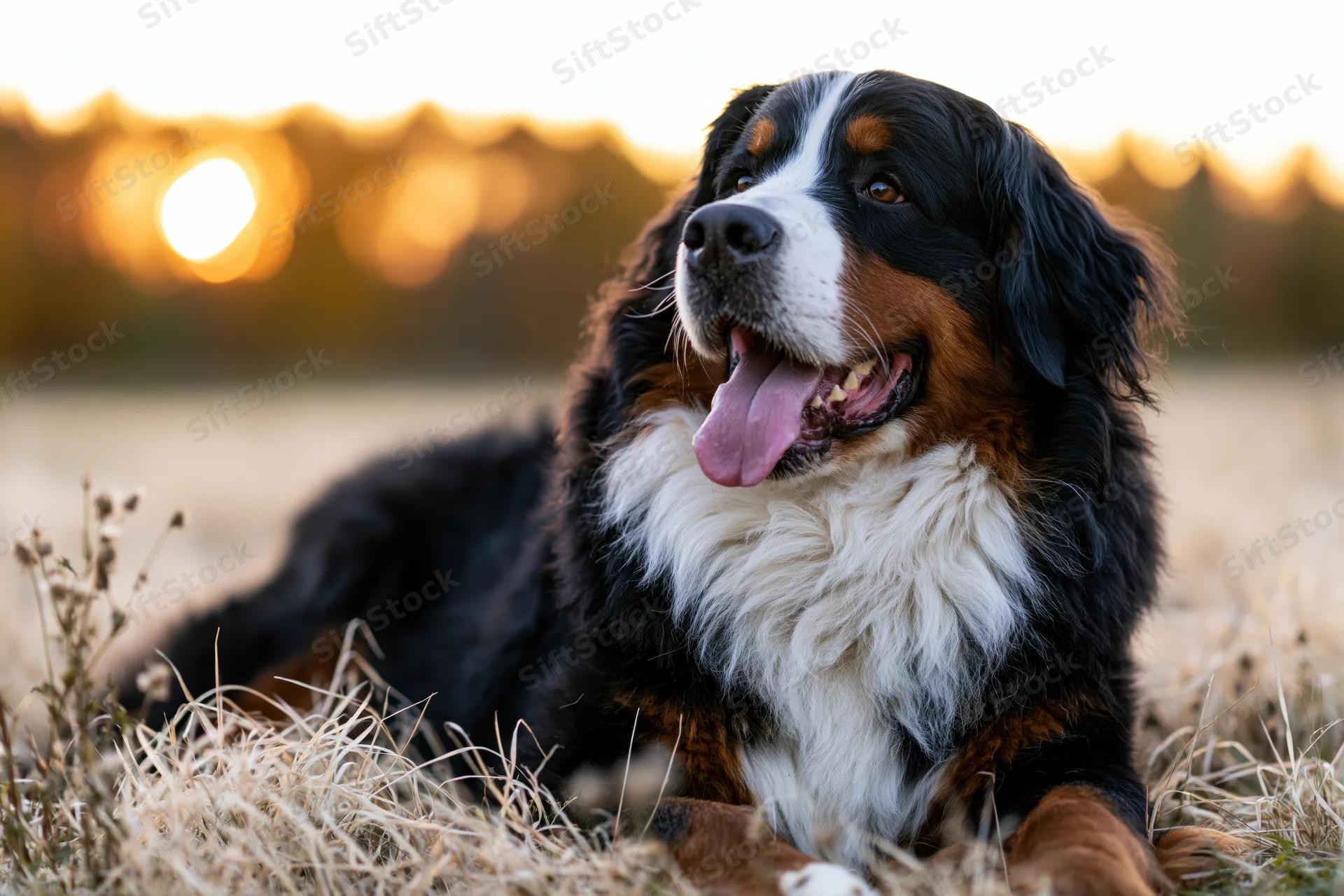 Bernese mountain dog lying in dry grass field at sunset