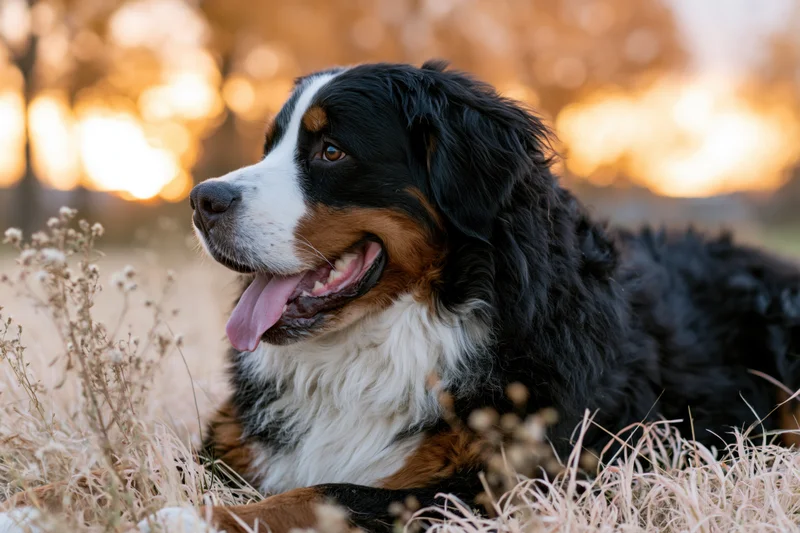 Bernese mountain dog lying in dry autumn field with mouth open and tongue out