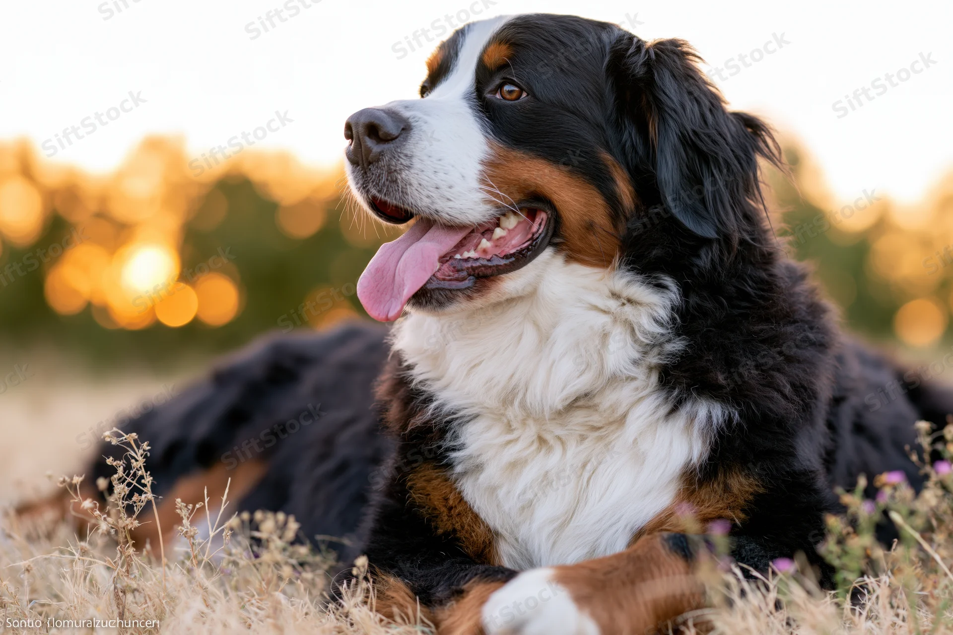 Bernese mountain dog lying in a dry autumn field with mouth open and tongue out, golden light in background