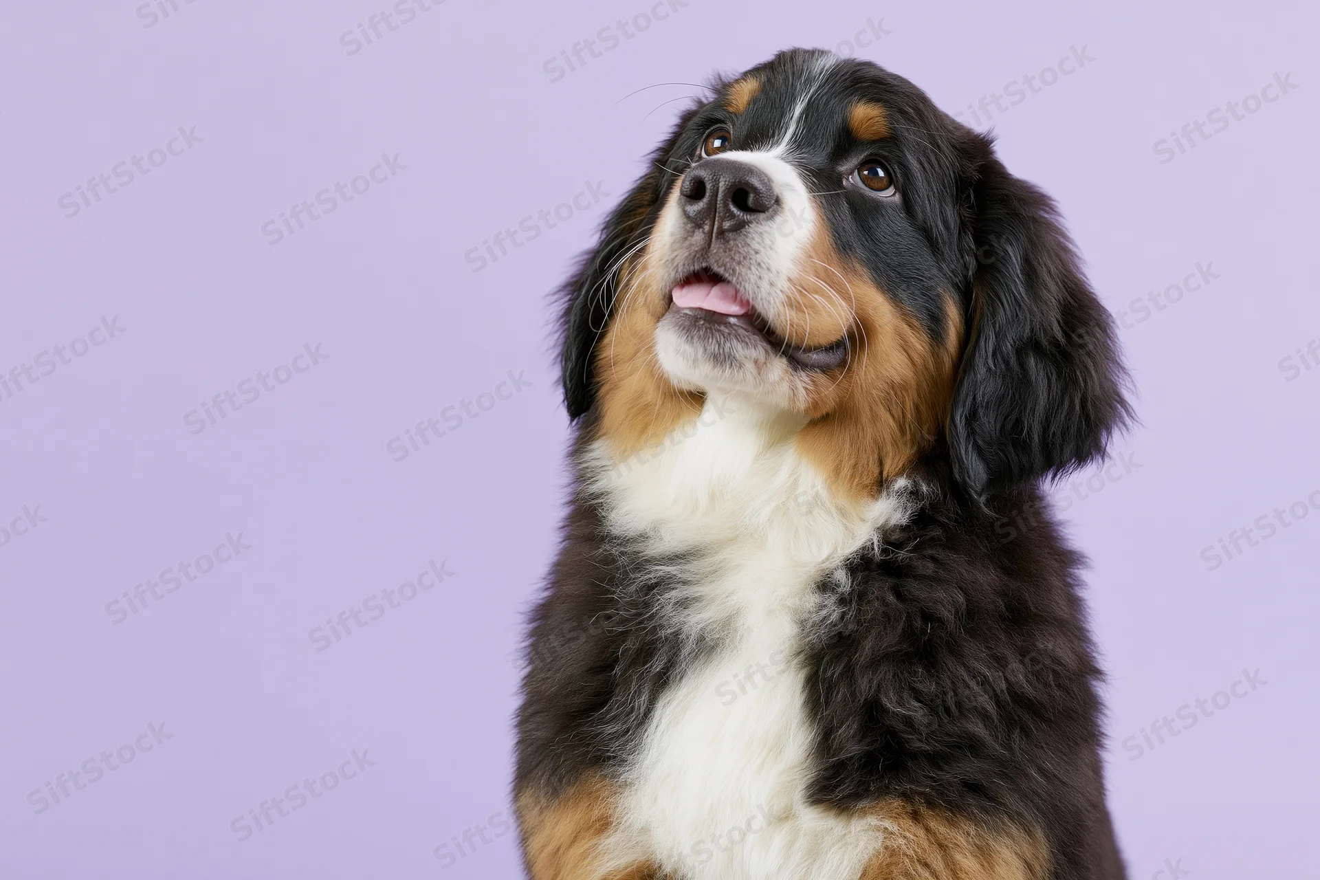 Bernese mountain dog puppy sitting upright with mouth slightly open against lavender background