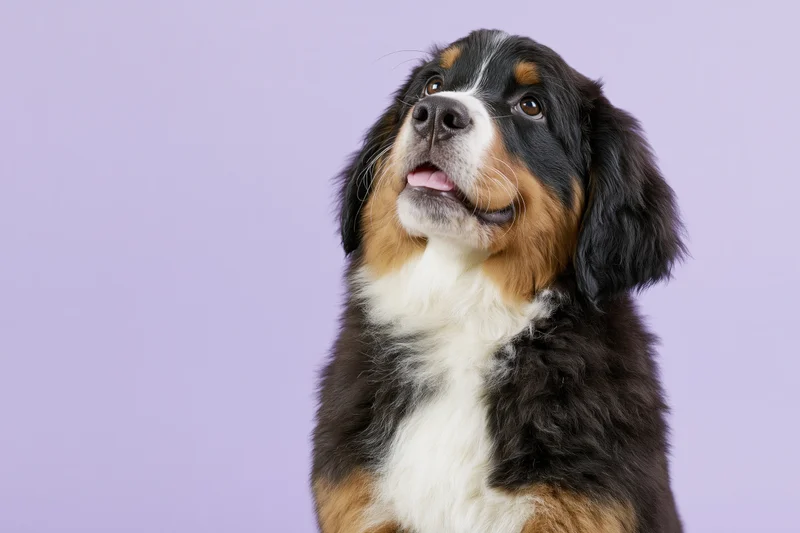 Bernese mountain dog puppy sitting upright with mouth slightly open against lavender background
