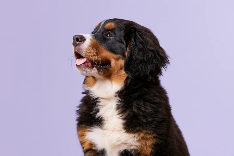 Bernese mountain dog puppy sitting upright with mouth open against lavender background