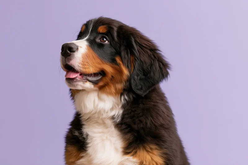 Bernese mountain dog puppy in profile with open mouth against lavender background