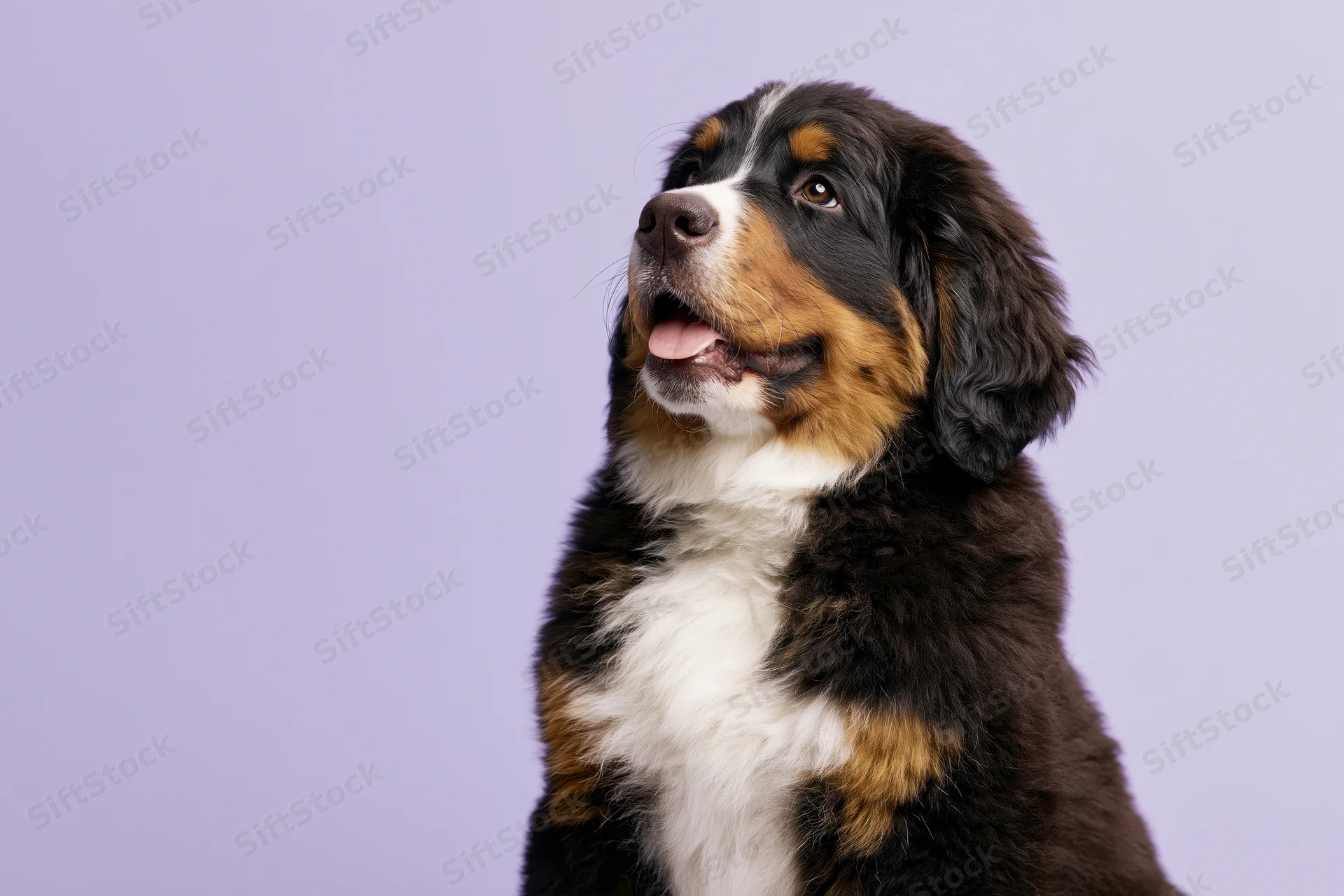 Bernese mountain dog puppy sitting upright with mouth slightly open against lavender background